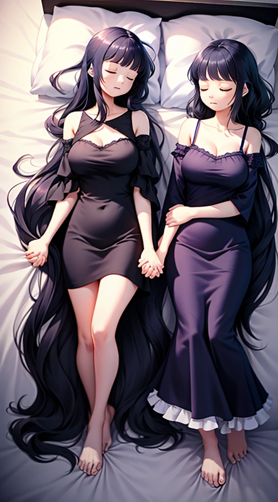 full body standing straight barefoot, long hair, holding hands on bed, sleeping together MOTHER AND DAUGHTERS
