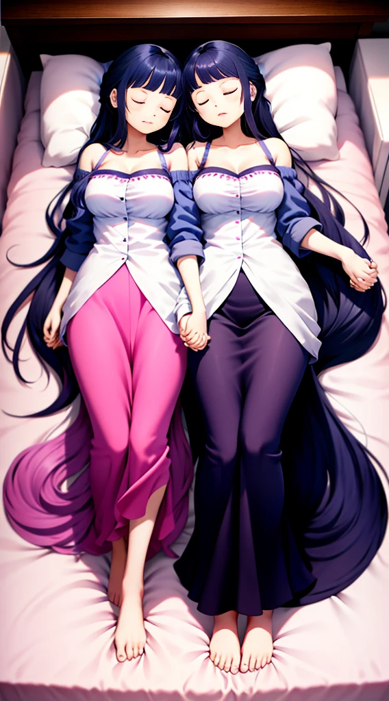 full body standing straight barefoot, long hair, holding hands on bed, sleeping together MOTHER AND DAUGHTERS
