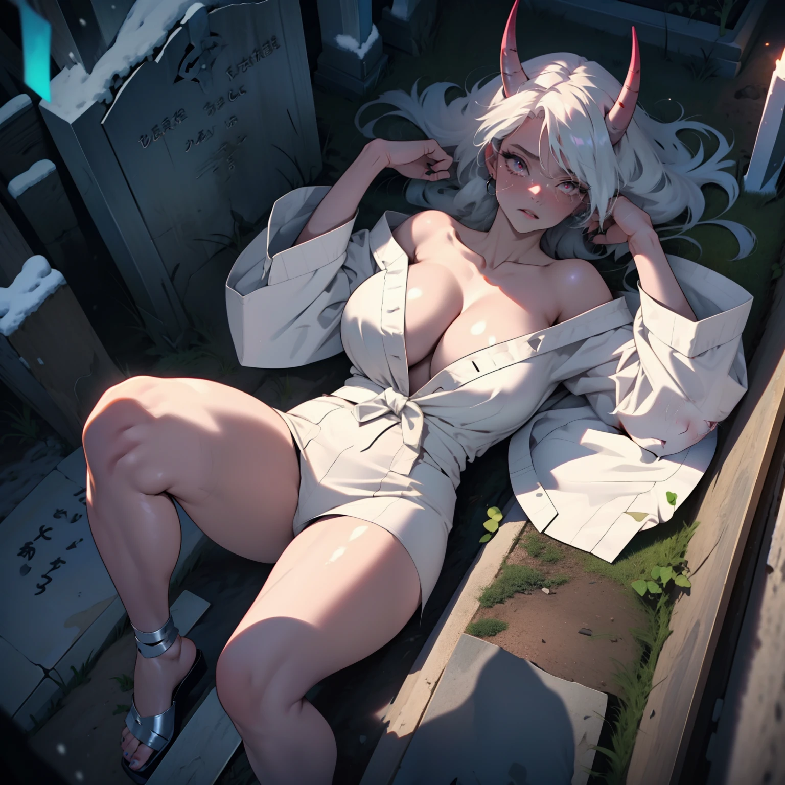 1girl,solo,huge breasts, ghost costume , (hitodama) ,night, tombstone, graveyard,,, long sleeves, very long sleeves, , ghost, ultra pale skin,, off shoulder, cleavage, no bra, extremely long white hair, lying on geound in graveyard, bare legs, tattered clothes, curvy wide hips, massive breasts, chubby thighs, beautiful pink eyes, top down. Looking down, crying, mascara, with white Oni horns, massive breasts, giant tits (full body), (long beautiful legs), lying down, view from above, (snow white skin: 1.3)