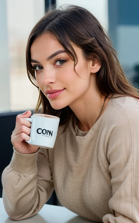 Una chica,tomando cafe,con ropa