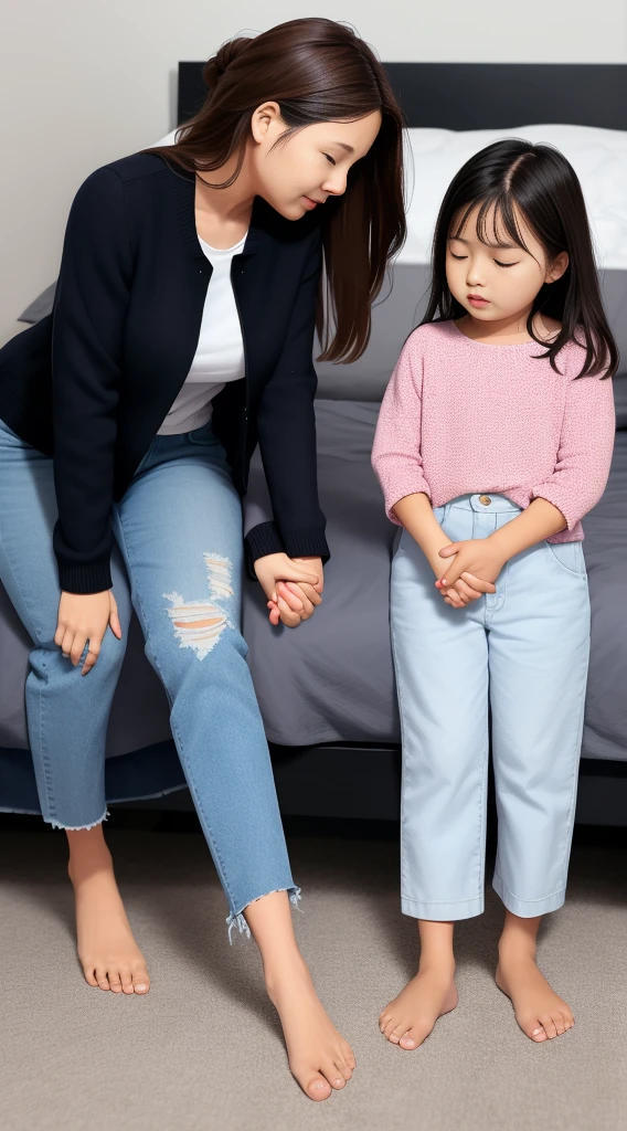 full body standing straight barefoot, long hair, holding hands on bed, sleeping together MOTHER AND DAUGHTERS