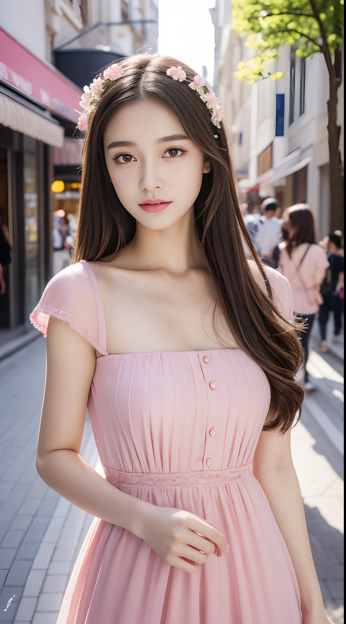(highest quality、8k、32k、masterpiece、Hmph:1.8)、(((Pink long straight hair)))、((smile))、(((I'm showing my teeth and smiling,)))、Cute Japanese Women Photos、Soft looking breasts、No bra、Ample breasts、Face Focus、White T-shirt、necklace、1 carnation、From above、Looking at the audience、Dynamic Shadows、blonde、Wet shiny hair、Shine, Watery eye、