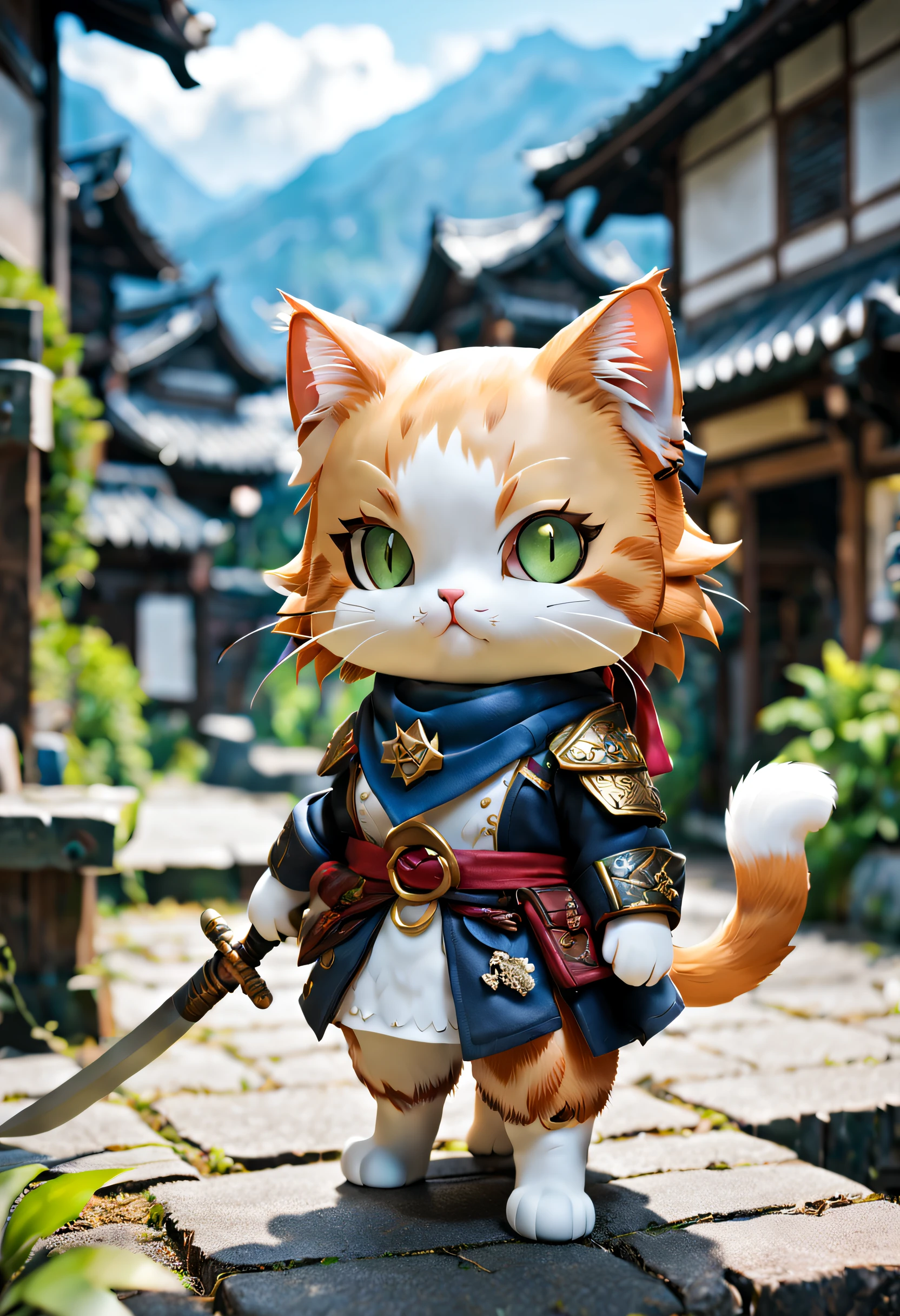 full body Esbian、Cool calico cat、Pop Calico Cat、Cute calico cat、diorama、symple background、bandana、Japan holding a sword in your hand、​masterpiece, Best Quality, Capture super cute moments, depth of fields, ultra-detailliert, Ultra High Resolution, Octadale, 8K, 16 K