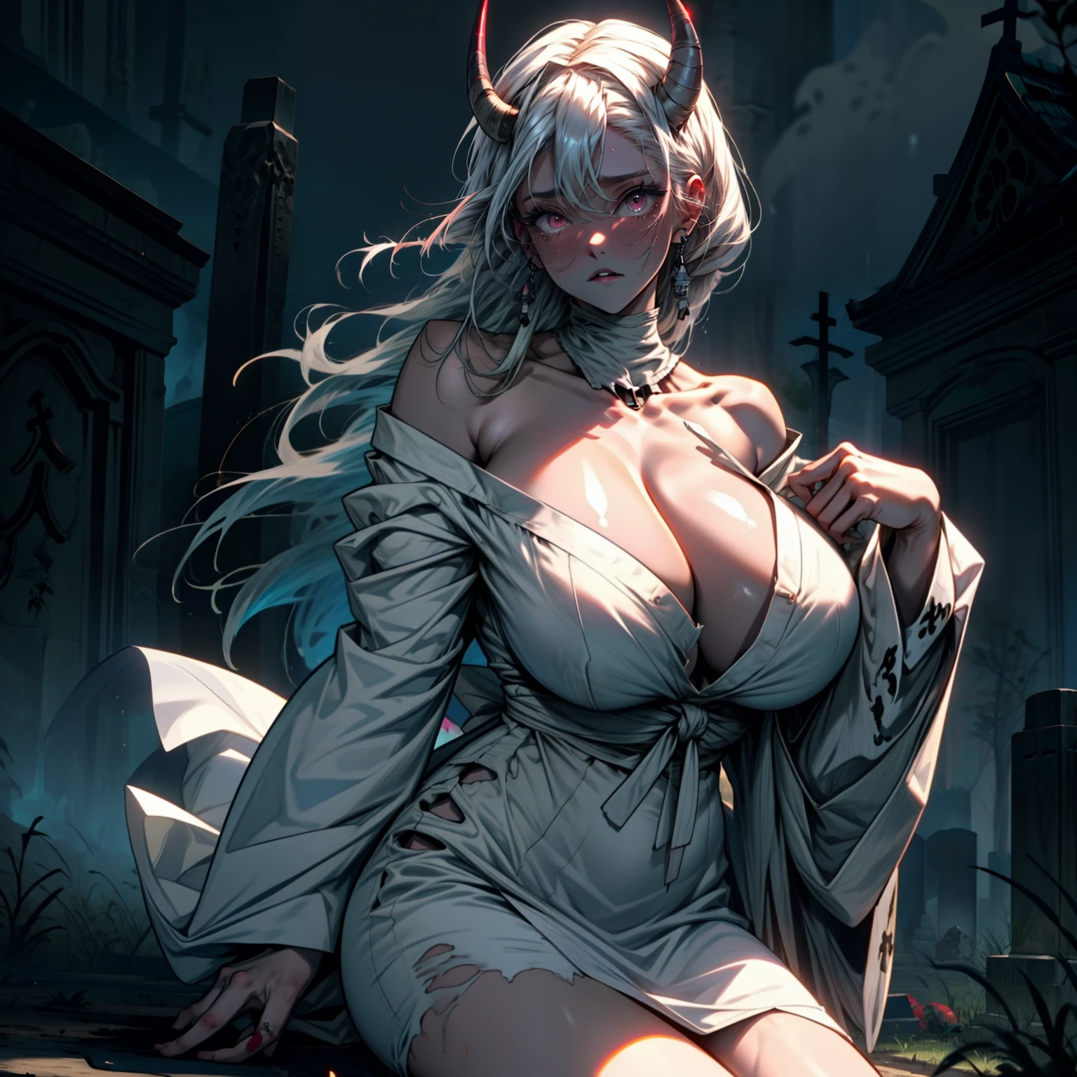 1girl,solo,huge breasts, ghost costume , (hitodama) ,night, tombstone, graveyard,,, long sleeves, very long sleeves, , ghost, ultra pale skin,, off shoulder, cleavage, no bra, extremely long white hair, lying on geound in graveyard, bare legs, tattered clothes, curvy wide hips, massive breasts, chubby thighs, beautiful pink eyes, top down. Looking down, crying, mascara, with white Oni horns, massive breasts, giant tits (full body), (long beautiful legs), bones, skulls