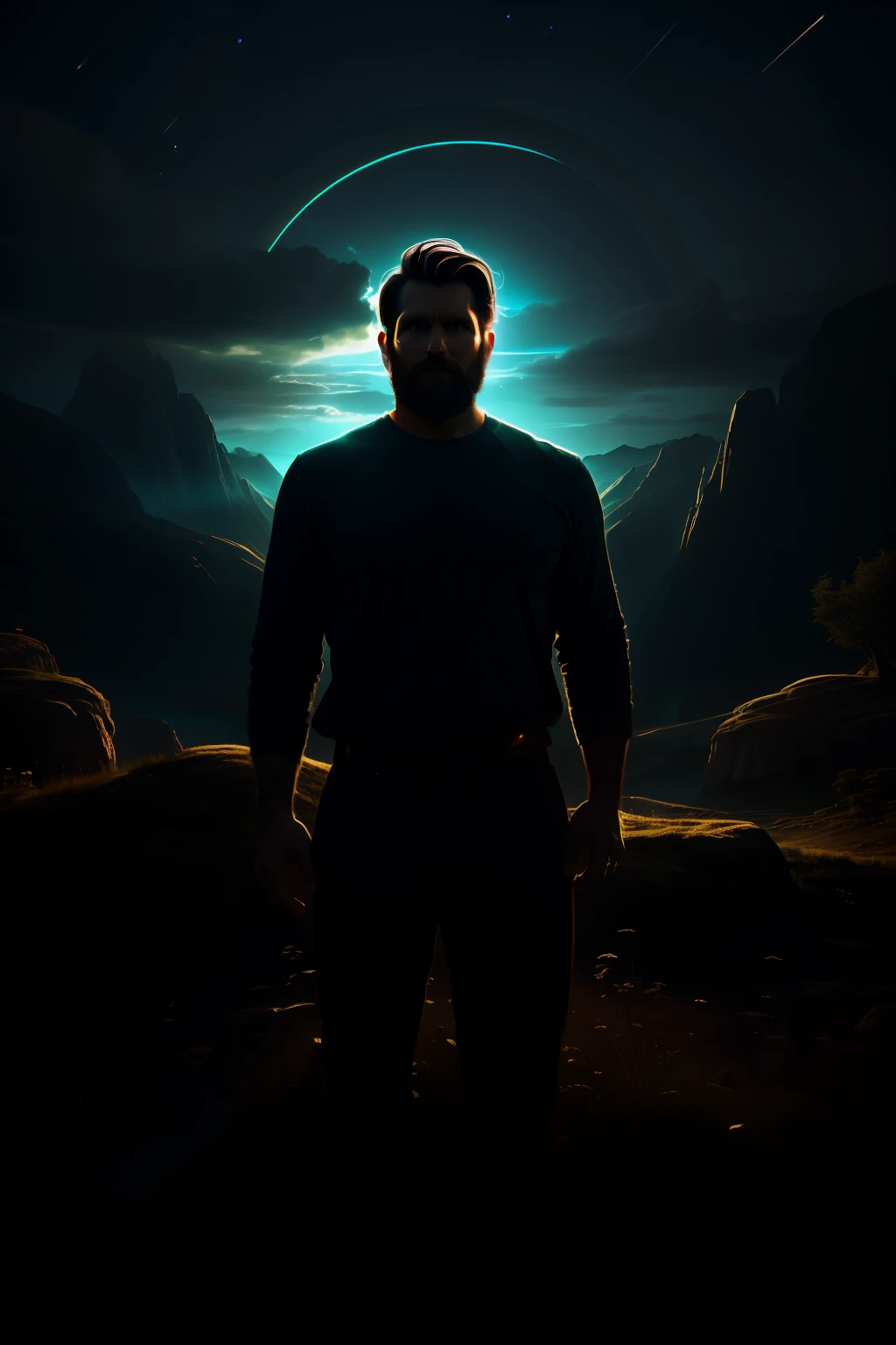 A surreal and dreamlike image of a 30 year old man, looking in the camera,  with light behind his head and a peaceful landscape in the background, symbolizing strong and mysterious, whimsical, .