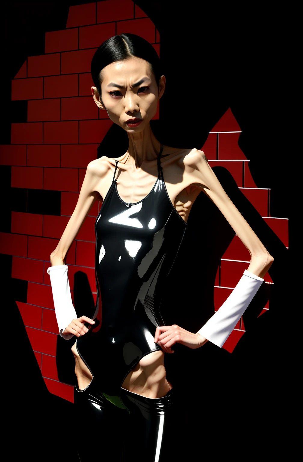 Extremely thin woman, A thin body，Protruding sternum，The waist is slender，The ribs are noticeable，Protruding ribs，The pelvis is very pronouncedly protruding，The pelvis is markedly elevated，White skin of the，Thin shoulders，Very slim waist，Extremely skinny，Sunken abdomen，Slim arms，Skin and bones，short detailed hair，Haggard face，Wear tight latex clothing，Asian face，The body is as thin as a skeleton，look of anguish，irate，Thinning of the face