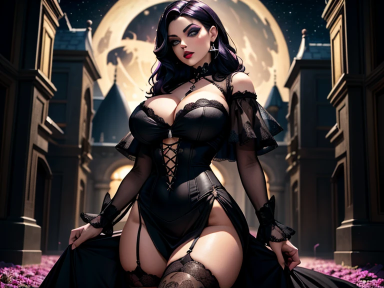 one girl , en chaleur , montre son cul, who want to be fucked, Black dress, Gothic Style, Black Boots, Black Stockings, Dark and Purple Hair , Eyes Shadows ++ , Darker Lips + , Gothic make-up, (Best quality:1.1), (Masterpiece:1.4), 1fille, (cheveux volumineux)+ , cheveux longs , (Yeux Bleux) , gros seins , (Large, dark lips)+ , peau brillante, brillant, starry night, Bas dentelle, Urban Scene ,Neons Light, Stary Sky , Full Moon