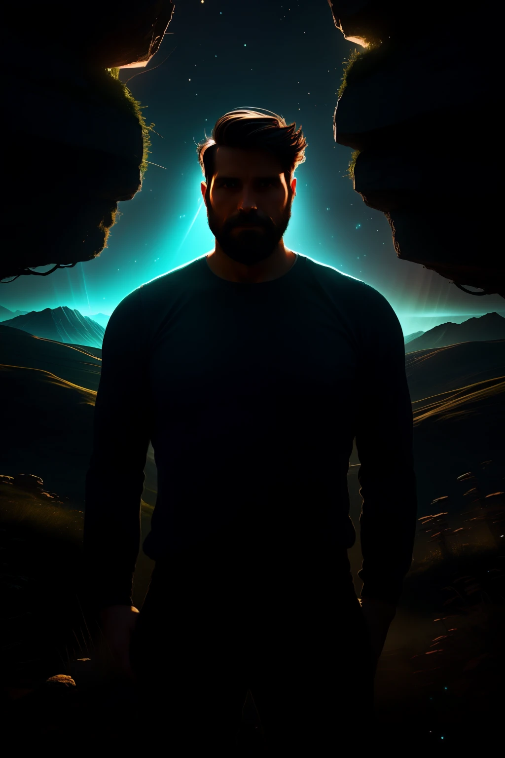 A surreal and dreamlike image of a 30 year old man, looking in the camera,  with light behind his head and a peaceful landscape in the background, symbolizing strong and mysterious, whimsical, .