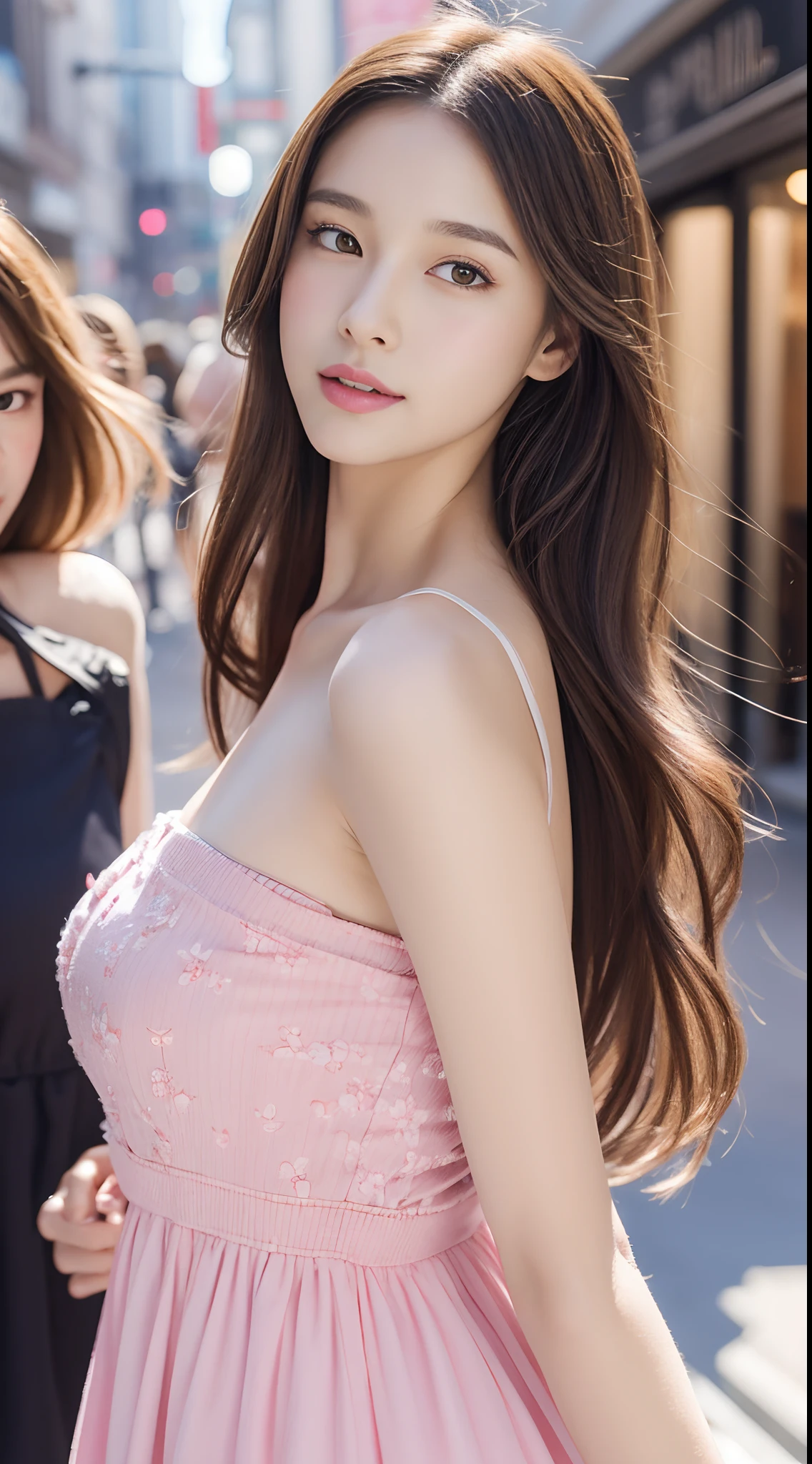 Walk the streets of the city, Bandeau Dress, Wearing long gorgeous clothes, Wearing a long dress with pink flowers, cute couple, shopping, In the city, highly detailed beautiful girl, Highly detailed face, Highly detailed eyes, highly detailedskin, extremely detailed fingers, highly detailed nose, very detailed detailed mouth