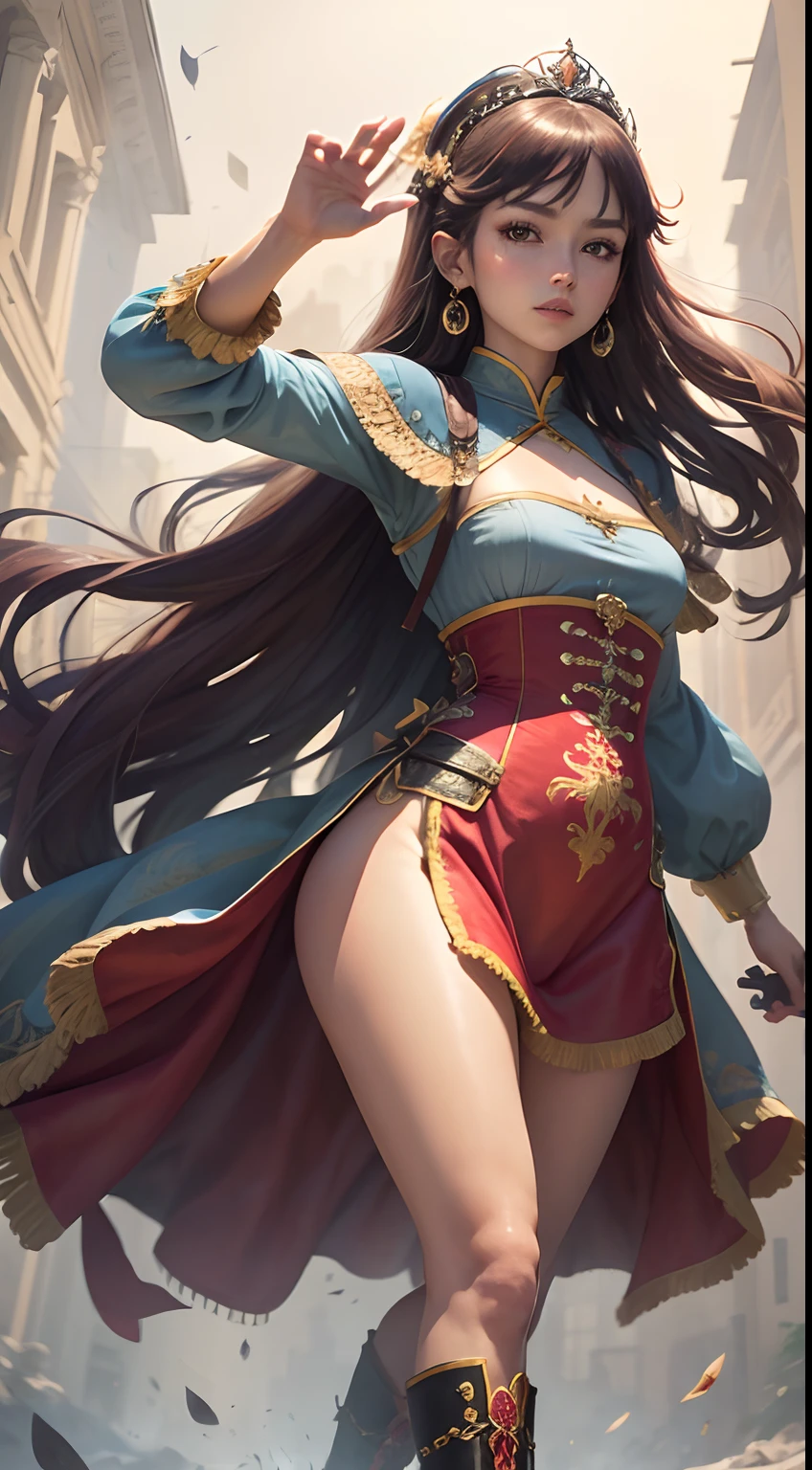 ((masterpiece, high quality, Princess Jasmine, best quality, 8k, wallpaper, detailed)), jasmine, long hair, breasts, black hair, navel, cleavage, bare shoulders, brown eyes, jewelry, earrings, midriff, dark skin, (brown skin), necklace, off shoulder, blurry, dark-skinned female, crop top, blue shirt, circlet, off-shoulder shirt, arabian clothes, looking at viewer outdoors, thighhighs, pantyhose, high heels, crop top, long legs, skinny, underboob, black hair, pretty hands, cameltoe, full body, Princess Jasmine (Monochromatic light grey background)