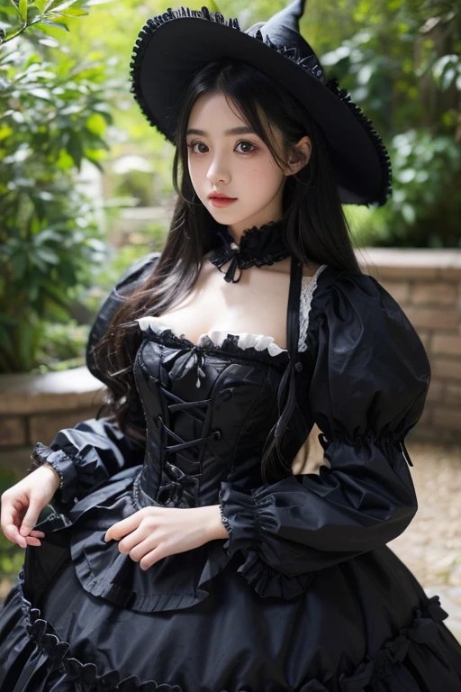 1girl in, multilayered outfit, Lolita style, frilld, victorian gothic lolita fashion, fantasy outfit, witch clothing, layered skirts, costume with blue accents, fantasy style clothing, frilly outfit, Lolita Fashion, victorian inspired clothing, Gothic!!, in detailed steampunk dress, lolish, fashionable rpg clothing, ((long black hair15Year old girl)), Big breasts 1:4, Beautiful face, Well-formed face, big eye, Beautiful eyes, long eyelashes