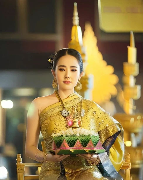 A woman in a yellow dress holding a cake with a candle., sukhothai costume, Thai art, traditional beauty, anime thai girl, dilraba dilmurat, in style of thawan duchanee, traditional, tithi luadthong, thailand, traditional dress, traditional clothes, beautiful image,