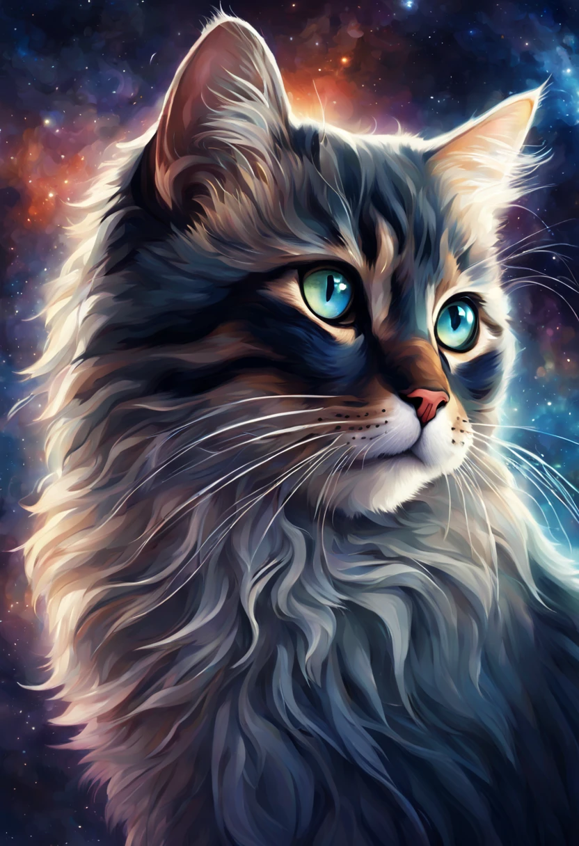 cat,night sky,milky way,detailed fur,beautiful eyes,curious expression,small whiskers,playful pose,soft lighting,painting-like,highres,photorealistic,vibrant colors,dark background,captivating scene,astronomy-inspired art,cosmic atmosphere,peaceful ambiance,stellar beauty