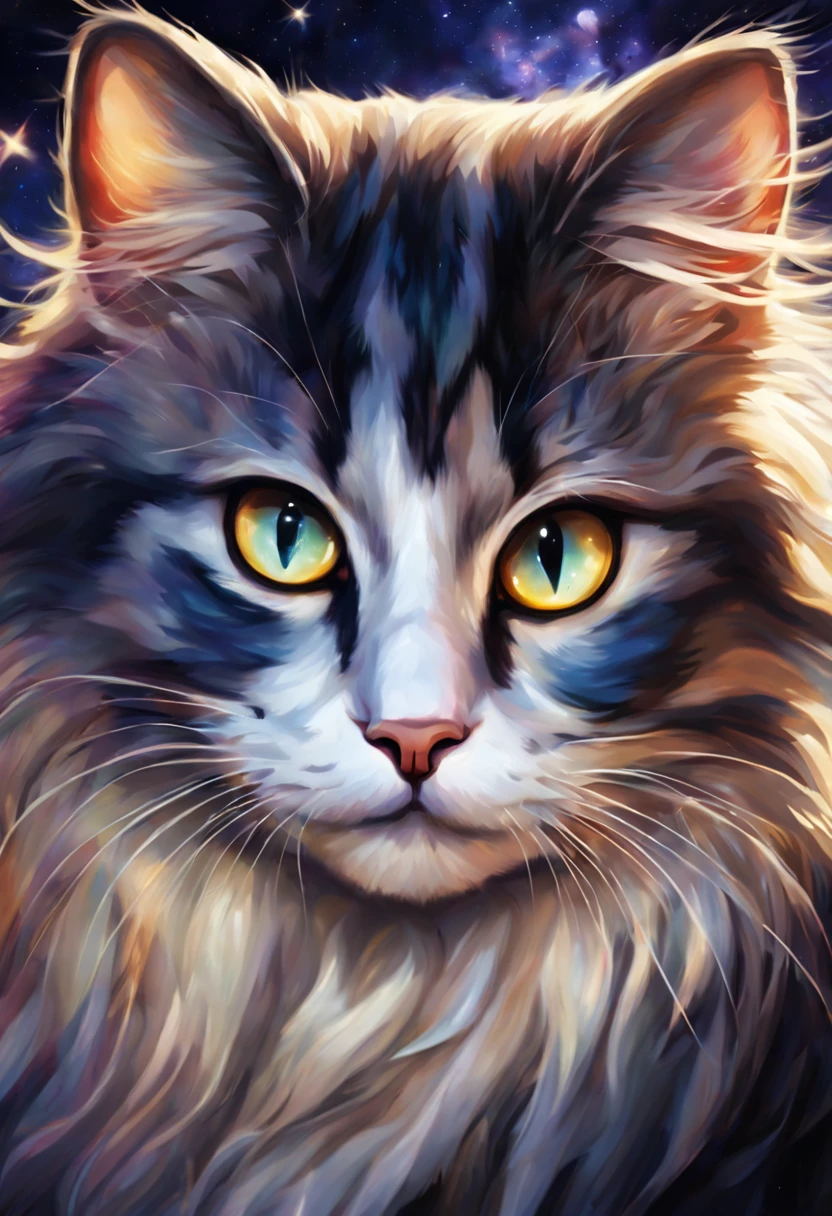 cat,night sky,milky way,detailed fur,beautiful eyes,curious expression,small whiskers,playful pose,soft lighting,painting-like,highres,photorealistic,vibrant colors,dark background,captivating scene,astronomy-inspired art,cosmic atmosphere,peaceful ambiance,stellar beauty