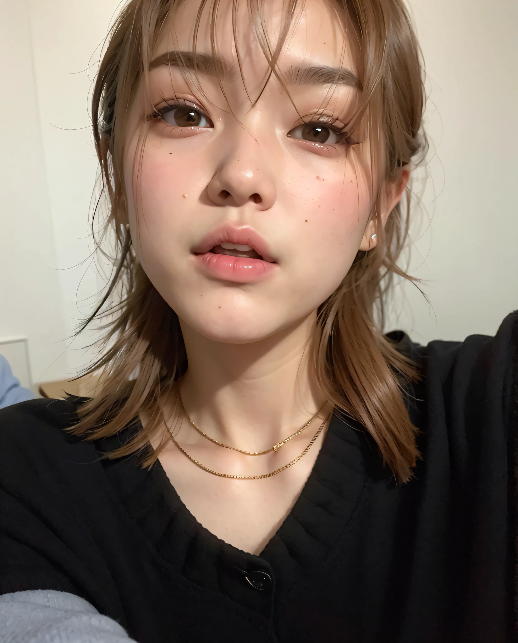 (top-quality、8K、32K、​masterpiece、nffsw:1.2)、Photo of a cute Japanese woman、large full breasts、very short bobbed hair、The upper part of the body、sface focus、Oversized_Sweaters、a necklace、simple background、From  above、looking at the viewers、small tits、Don't wear a bra、Nipple masturbation、A sexy、