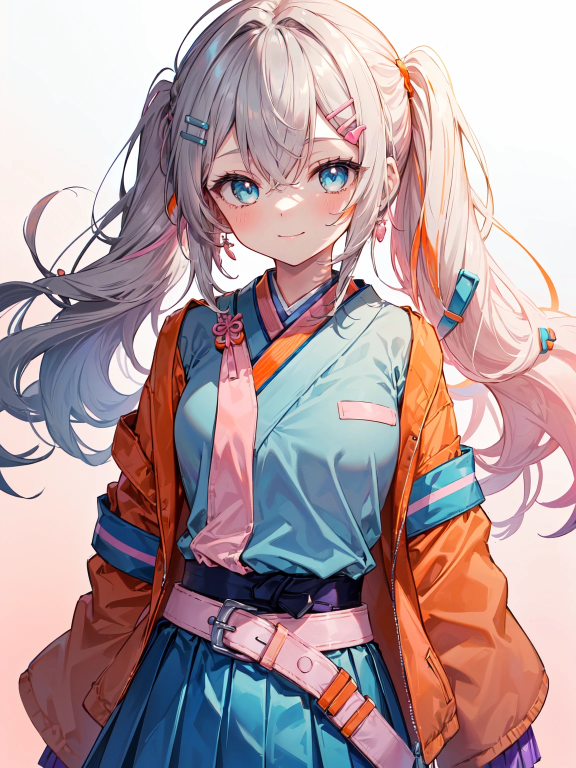 1girl, solo, female focus, female, girl, masterpiece, best quality, high quality, (gray hair color:1.3), long hair, wavy hair, hair between the eyes, (low pigtails:1.25), (blue eye color:1.3), looking at viewer, flatchested, shut up, closed mouth, light smile, smile, smiling, (light blue shirt:1.3), (orange and pink haori, orange and pink jacket, orange and pink hip-length jacket:1.5), (blue hairclips, light blue skirt, purple belt:1.75), thin body, (tan skin:1.5), colored skin, (white background:1.65), (upperbody, half-body adaptable, upper-body, head, chest:1.5), perfect hands, ((middle-centered)),