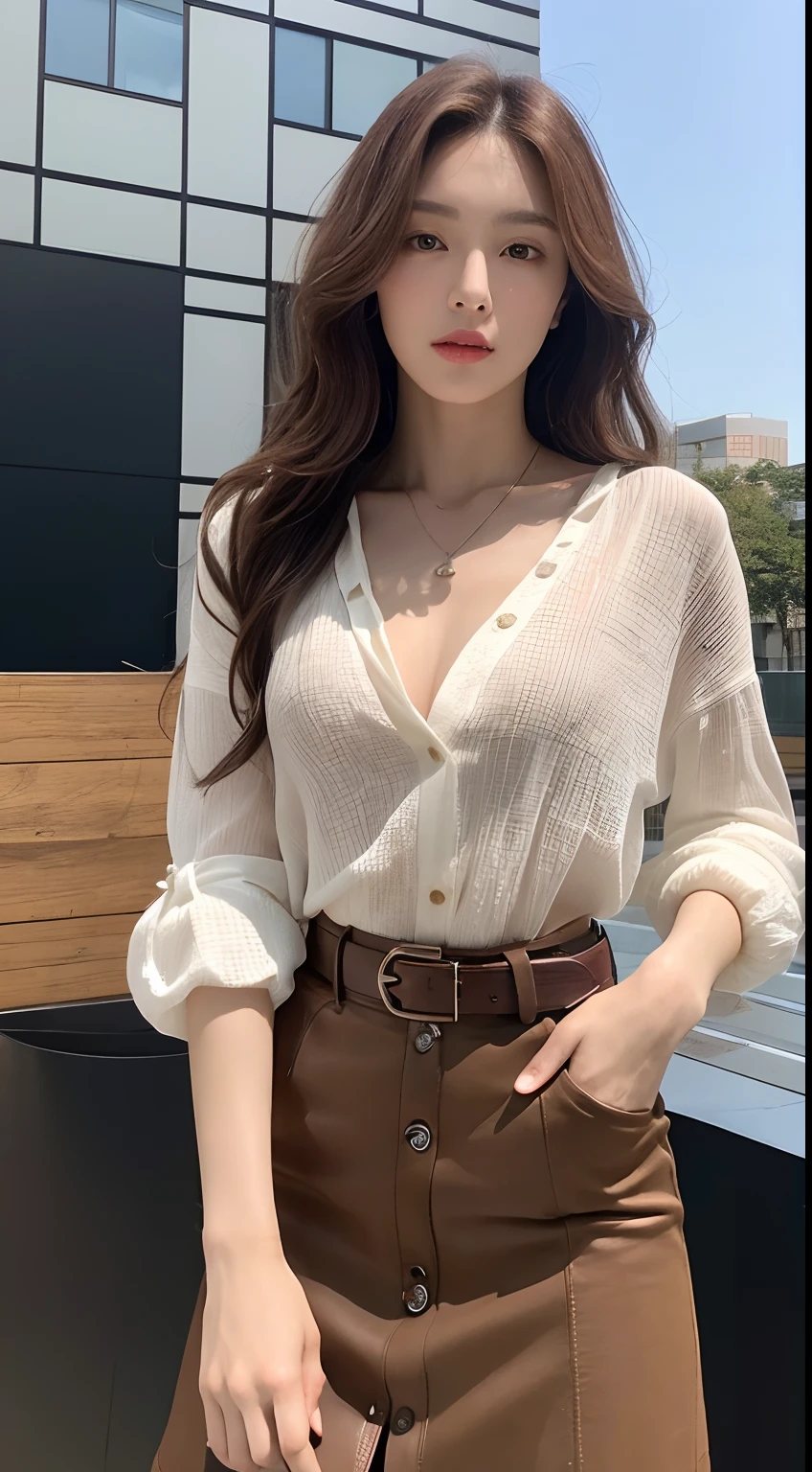 (Best Quality, High Resolution, Masterpiece: 1.3), A tall and beautiful woman, slender abs, dark brown hair in loose wavy styling, big breasts: 2, wearing pendant, white button-down shirt, belt, black skirt, (modern architecture in the background), beautifully presented details in face and skin texture, detailed eyes, double eyelids