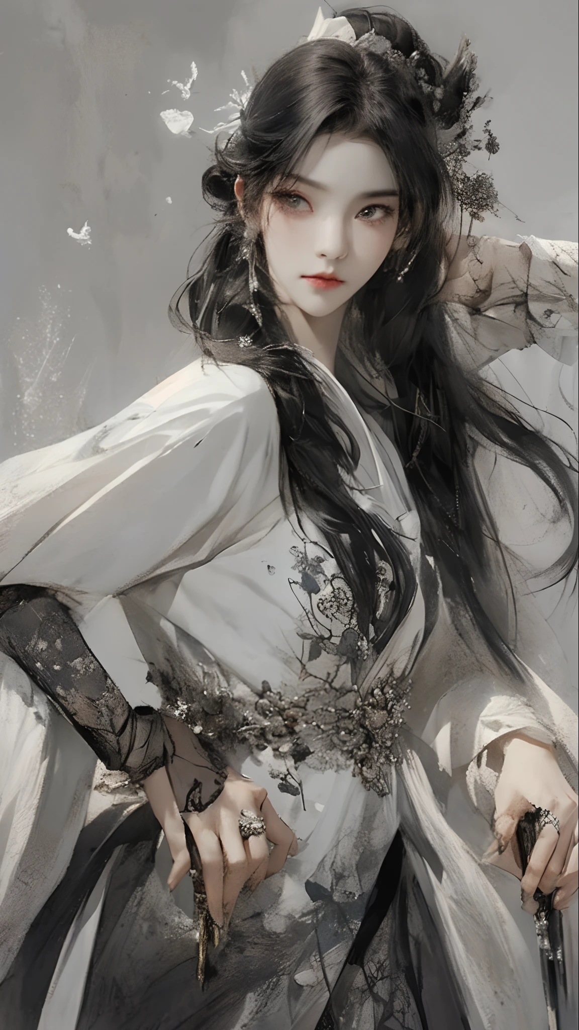 A bust of a woman with black hair and black eyes, a woman, a serious expression, holding a weapon, attack action, dynamic composition, bowed head, Hanfu, white clothes, cold eyes, loose hair, (ink smudge) beautiful character painting, clothing black and white ink style, face delicate color, watercolor, light color, martial arts style, national style, delicate and beautiful face, waist seal, sharp eyes