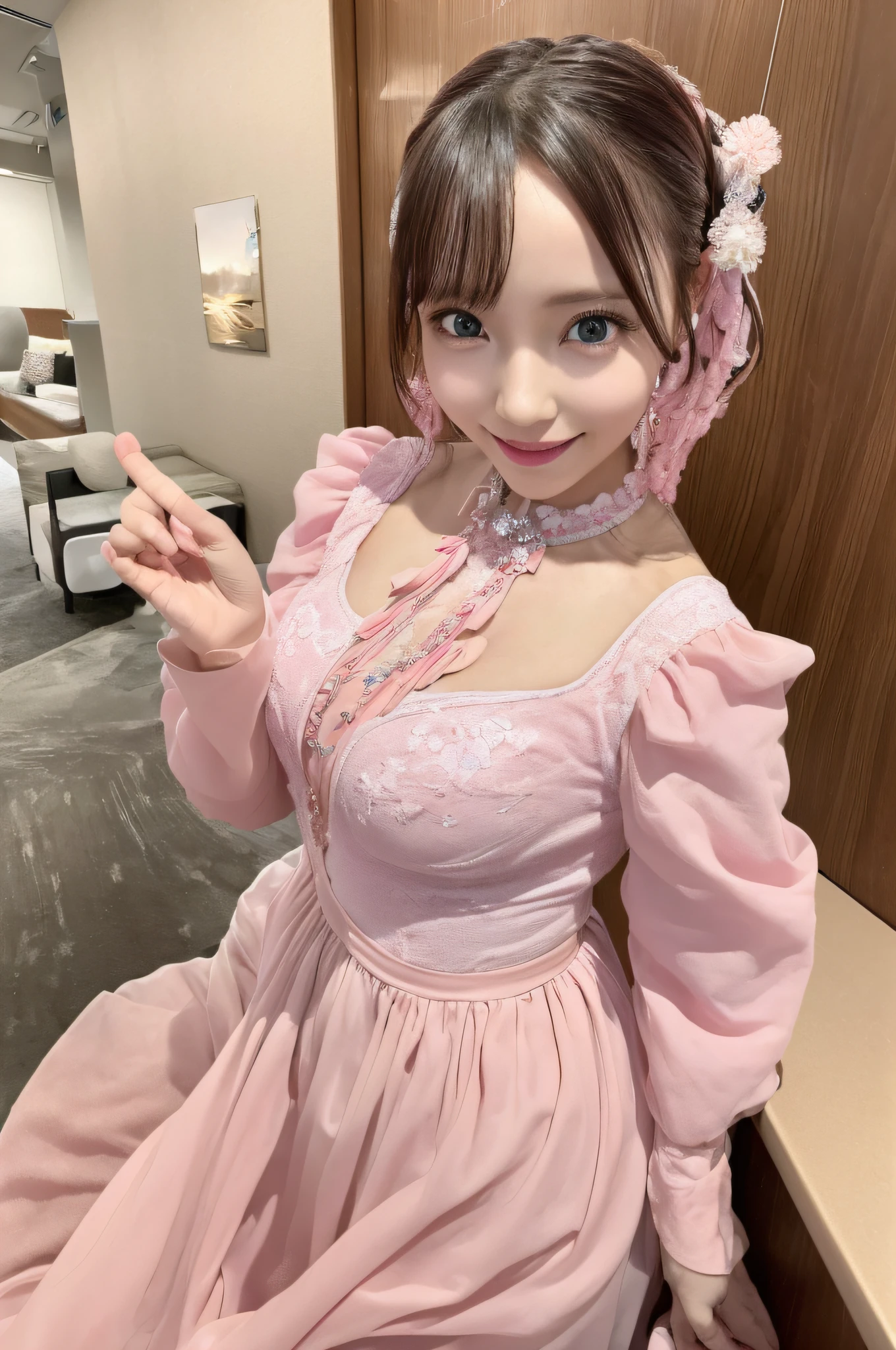 ((masutepiece)), ((Best Quality)), (Ultra-detailed), ((Extremely detailed)), 4K, (8K), Best Quality, (Beautiful), Gradation, Alone((masutepiece)), ((Best Quality)), (Ultra-detailed), ((Extremely detailed)), 4K, (8K), Best Quality, (Beautiful), Dynamic Angle, Luxurious room, Cute  s, 1girl in, Solo, Colossal tits, Finely decorated costumes, Jewel Costume, Beautiful pink hair 0, ((Beautiful eyes))0, lightsmile