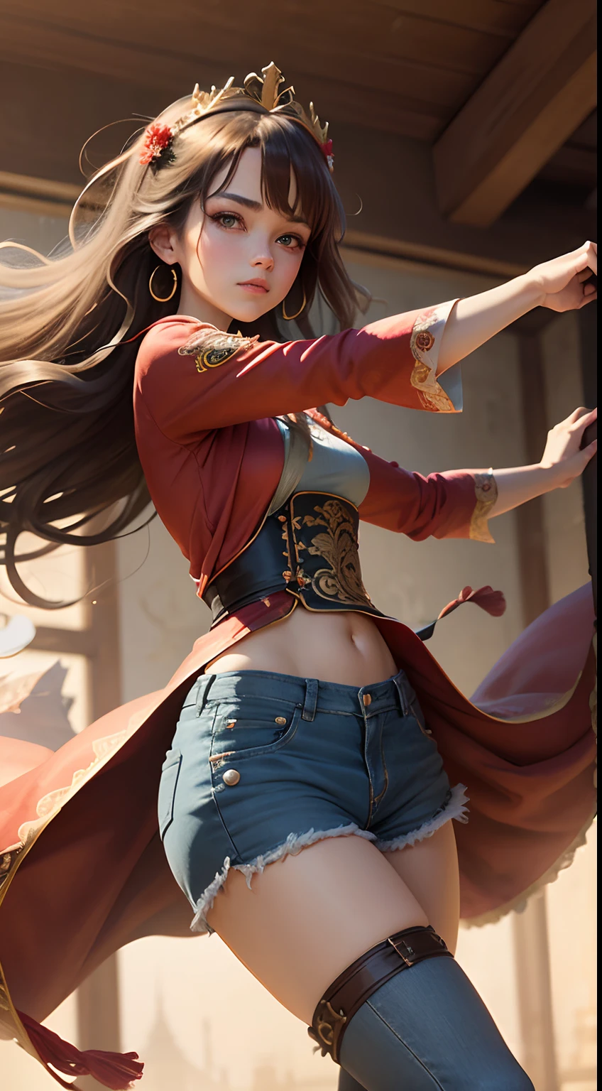Best Quality, masutepiece, ultra-detailhigh-resolution, (Realistic: 1.4), Watercolor style, Illustration, Dazzling background color,, Skinny Girl with Weapons, (solo exhibition: 1.2), (denim lens: 1.2), (Hair crown: 1.2), （dark brown hair,Traditional Chinese Dunhuang costumes, No strap, (Red Eyeliner: 1.2), (: 1.4), （Accurate Hand Modeling),earrings, Dynamic Angle, Opera House, Messy_long_hair, inky, movie lights, lens_f lare, velvet, chrysanthemums, tassels, bow ribbon, Color embroidery,long boots,Photograph the whole body,Dance of the Sword,Holding a sword in his right hand,