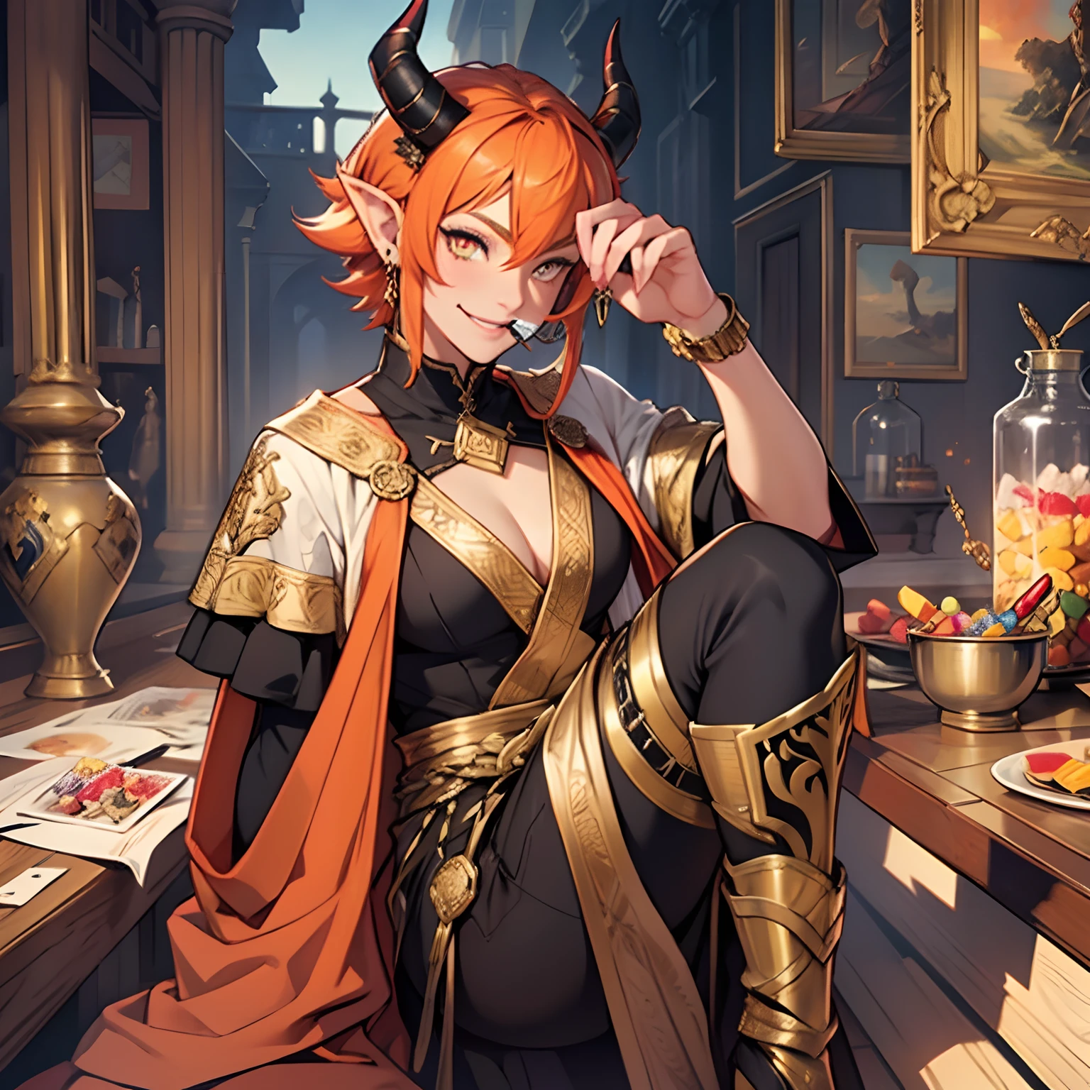 I have golden eyes, just like my friend Ares. I have bright orange hair, the color of a sunset. My skin is the perfect shade of light golden and I have pointed ears. I am quite tall. I'm pretty cute if I do say so myself, which I do. Horns. Piercings. Wearing clothes fitted for a demon Prince. Shorns. Black and gold robe. face with strong jaw. Roman nose. Smiling. Eating candy. Palace. Youthful look. girl. Bulge in pants, short cut