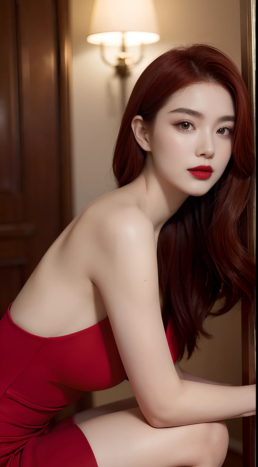 "Create a high-quality image featuring a woman with red hair, fair skin, and impeccable red lipstick application, exuding elegance and heightened sensuality. The lighting should be strategically arranged to play with light and shadow, enhancing her facial features and creating a glamorous atmosphere. The woman, now striking a pose that accentuates her feminine allure, should be dressed in a high-fashion piece, such as a form-fitting red gown with refined visual details like lace or embroidery. The camera should skillfully capture her, with adjusted depth of field to emphasize the protagonist and a blurred background adding an artistic touch to the composition. Utilize camera effects like soft bokeh and a carefully chosen color palette to craft a visually stunning and sensually captivating image."