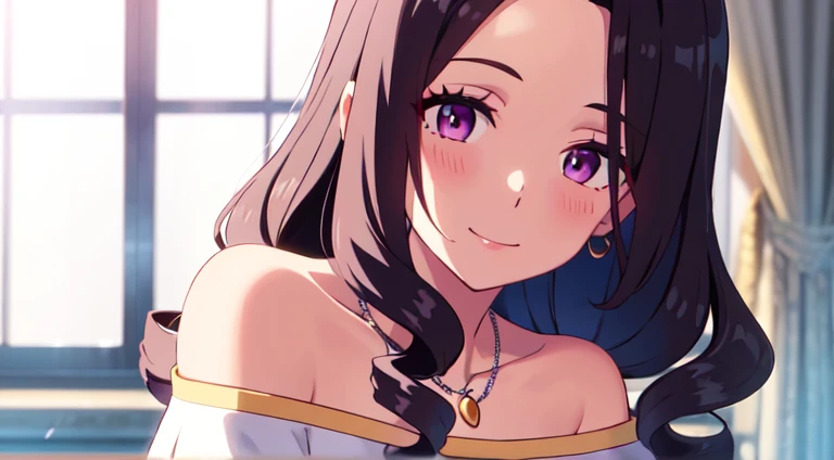 Masterpiece, One young lady (solo), with long wavy curly brown hair, parted hair and forehead showing. Have twin drills hair on the side face. Have purple eyes. With purple eyeshadow. Smiling and blushing. She wear off shoulder white blouse. wearing silver crescent necklace. Close up.