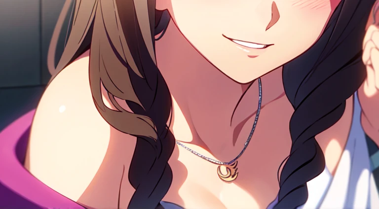 Masterpiece, One young lady (solo), with long wavy curly brown hair, parted hair and forehead showing. Have twin drills hair on the side face. Have purple eyes. With purple eyeshadow. Smiling and blushing. She wear off shoulder white blouse. wearing silver crescent necklace. Close up.