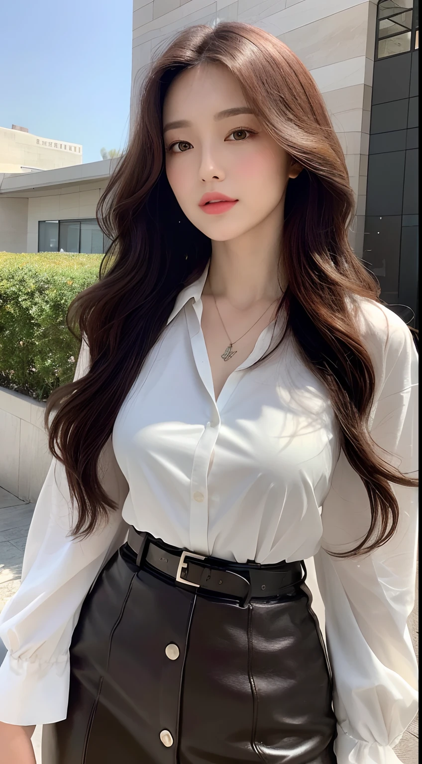 (Best Quality, High Resolution, Masterpiece: 1.3), A tall and beautiful woman, slender abs, dark brown hair in loose wavy styling, big breasts: 2, wearing pendant, white button-down shirt, belt, black skirt, (modern architecture in the background), beautifully presented details in face and skin texture, detailed eyes, double eyelids
