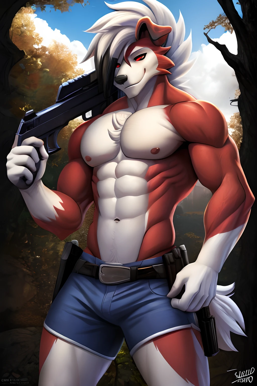 seguro, Beautiful, incredible, impressionante, poster, sozinho, (Twilight Lycanroc), antro, Clothes, usando roupas da segunda guerra alemanha , jaqueta de couro, with a gun in hand, pistol, perfect gun, com chapeu de general, Pants, Antecedentes detalhados, cidade, Outside, corpo fisico forte, grande peitorais estufados marcado na roupa de guerra alemanha grandes, macho, man, men