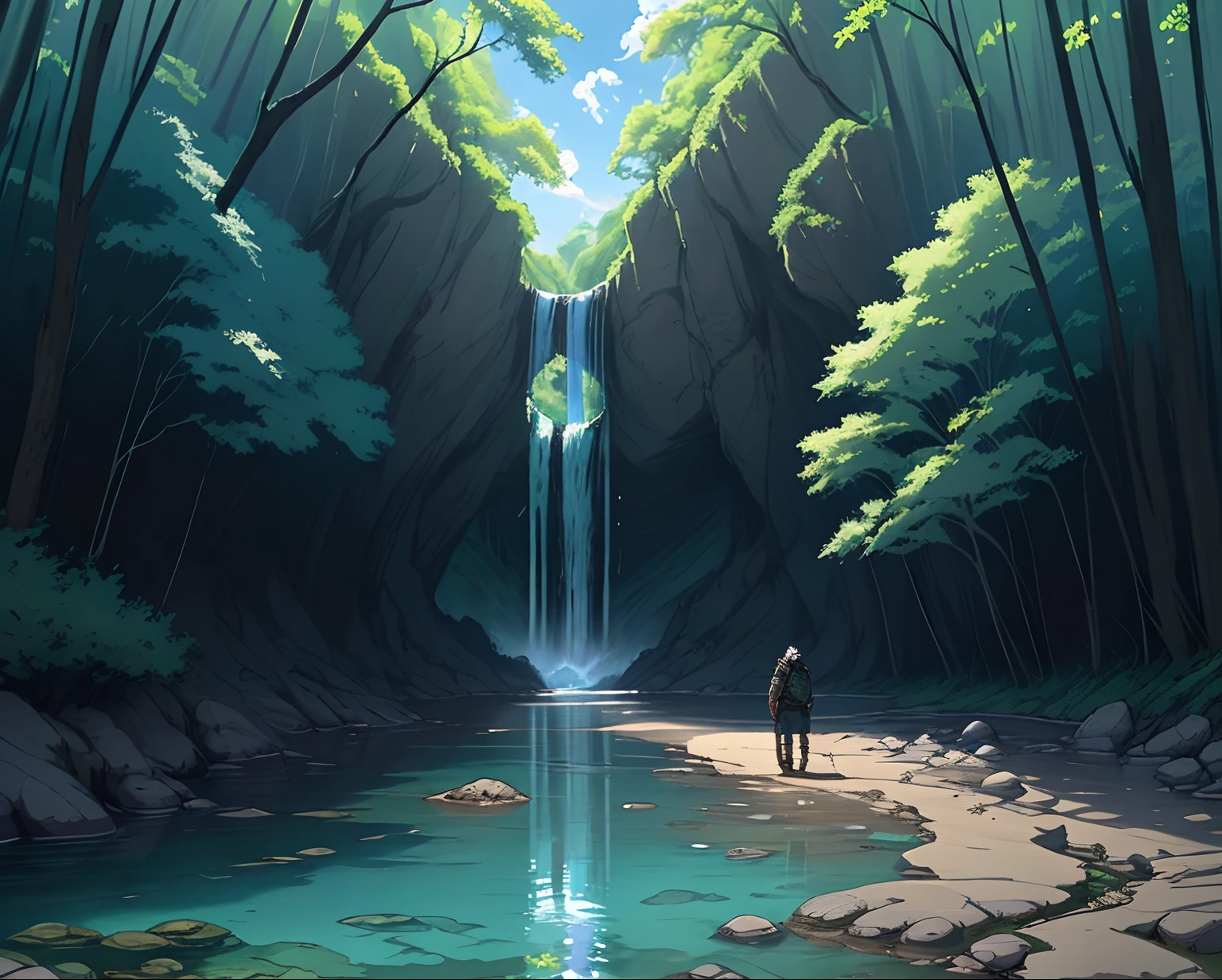 a fast flowing river, its clear water reflecting the bright blue sky. He walked through a grove of ancient trees, their leaves whispering stories of the past. He even discovered a hidden waterfall , anime style fantasy forest adventure , he is wear a adventurer chlotes and lock belt that contain a adventur equipment ,he had black and grey hair