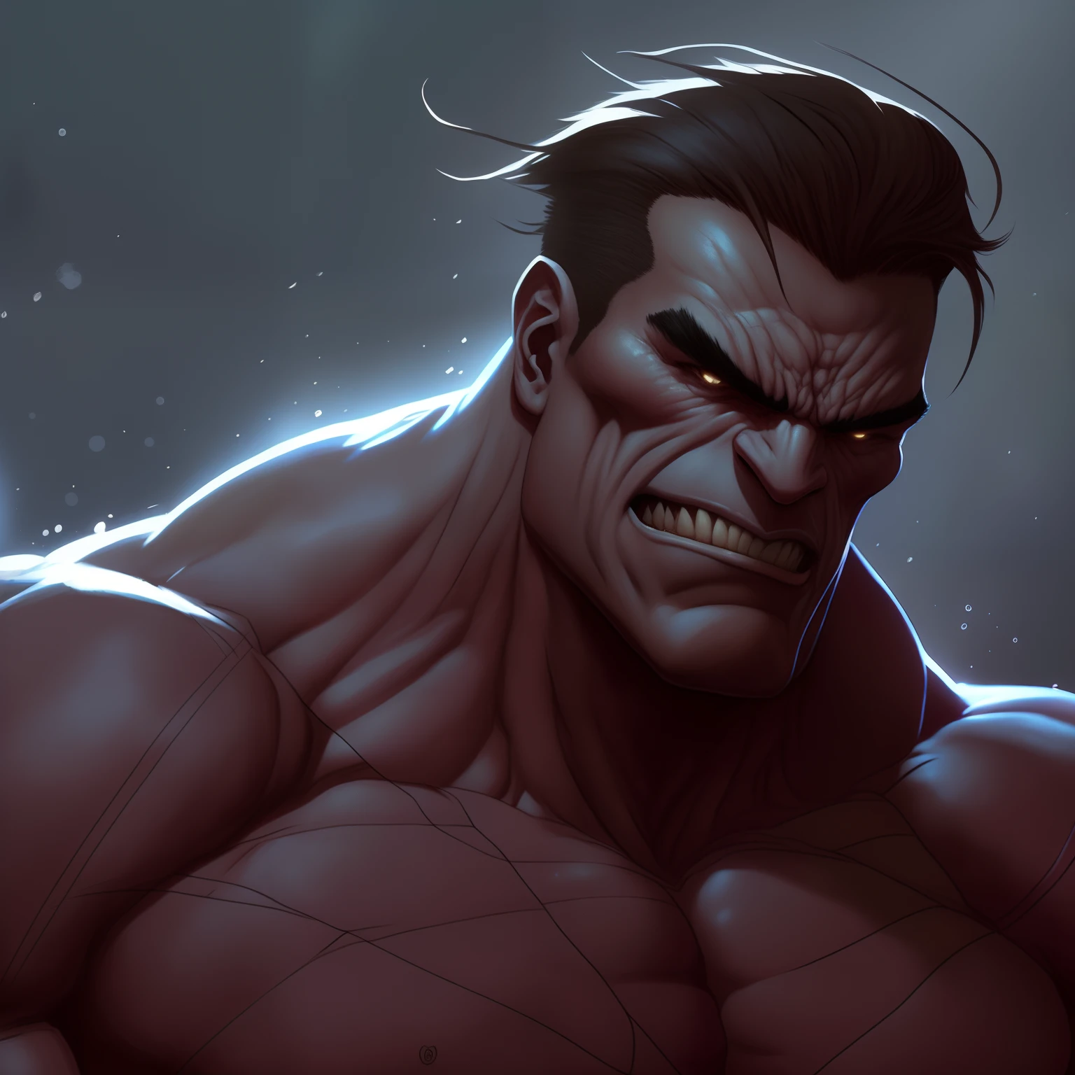 young man, anime style, a close up of a man with a very big face, joe madureira, strong and imposing, portrait of the hulk, hulking, by Roman Bezpalkiv, marvelous expression, epic portrait of menacing, style of raymond swanland, by Aleksander Gine, wojtek fus, muscular character, by Arthur Pan, hulk like physique, cartoon