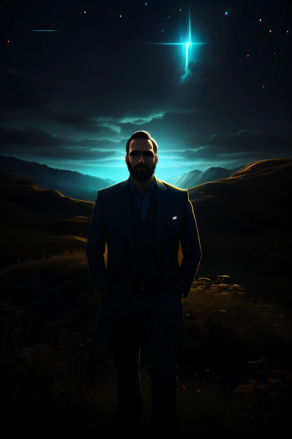 A surreal and dreamlike image of a 30 year old man, looking in the camera,  with light behind his head and a peaceful landscape in the background, symbolizing his legacy as a beloved leader.