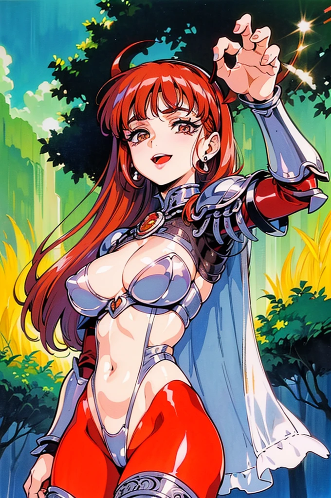 "(masterpiece:1.1), best quality,
1girl, (80s traditional media:1.5), (eyelashes:1.5), (li:1.2),
(intricate high detailed body:1.2),
red hair,
(blunt bangs:1.1), (twintails, drill hair:1.1), (headband:1.2),
purple eyes, (red lip stick:1.3),
(gigantic breasts:1.1),
(happy, smile:1.2), open mouth,
(see-through leotard armor, cleavage cutout:1.2),
(knight armor, armored boots:1.2), (flower brooch:1.1), (earrings:1.1), necklace,
standing, claw pose,
(upper body, cowboy shot, looking at viewer, from front:1.1),
(daytime, woods, grassland, outdoors:1.1)"