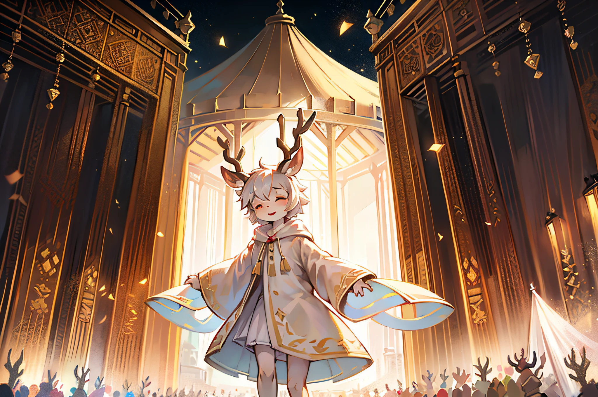 A white deer，deer antlers，Pavilion，White robe，Holding a golden umbrella，Shota，adolable，crowd of，face to the viewer，having fun，Close your eyes，eventide，flowing robe，Long sleeves