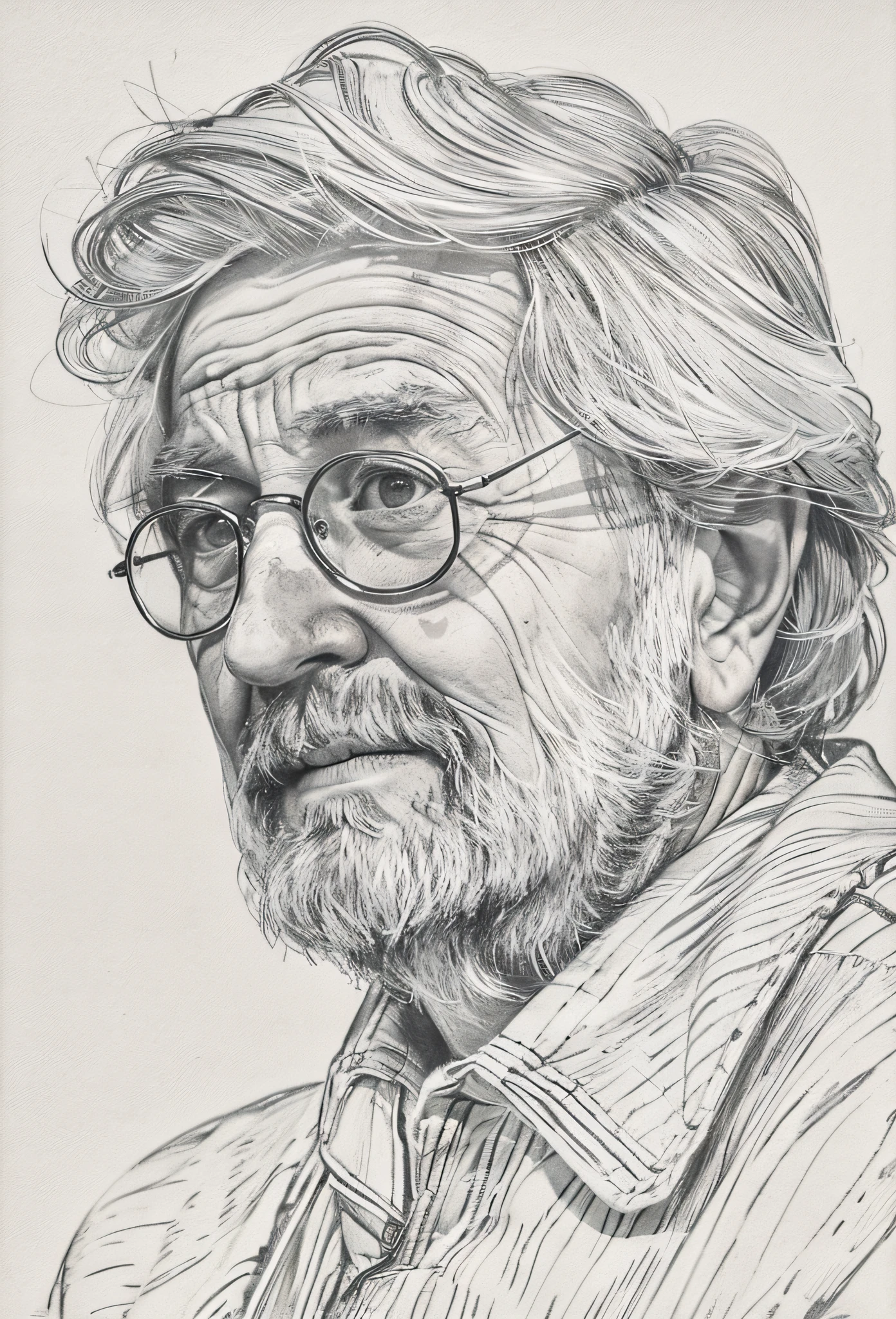 sportrait,a old man,lamplight:The landscape,Contour color separation,sketching,The lines are thin,Line element,Texture,fine art sketch,black andwhite,Cable,Light and dark are clear,((Detailed details))