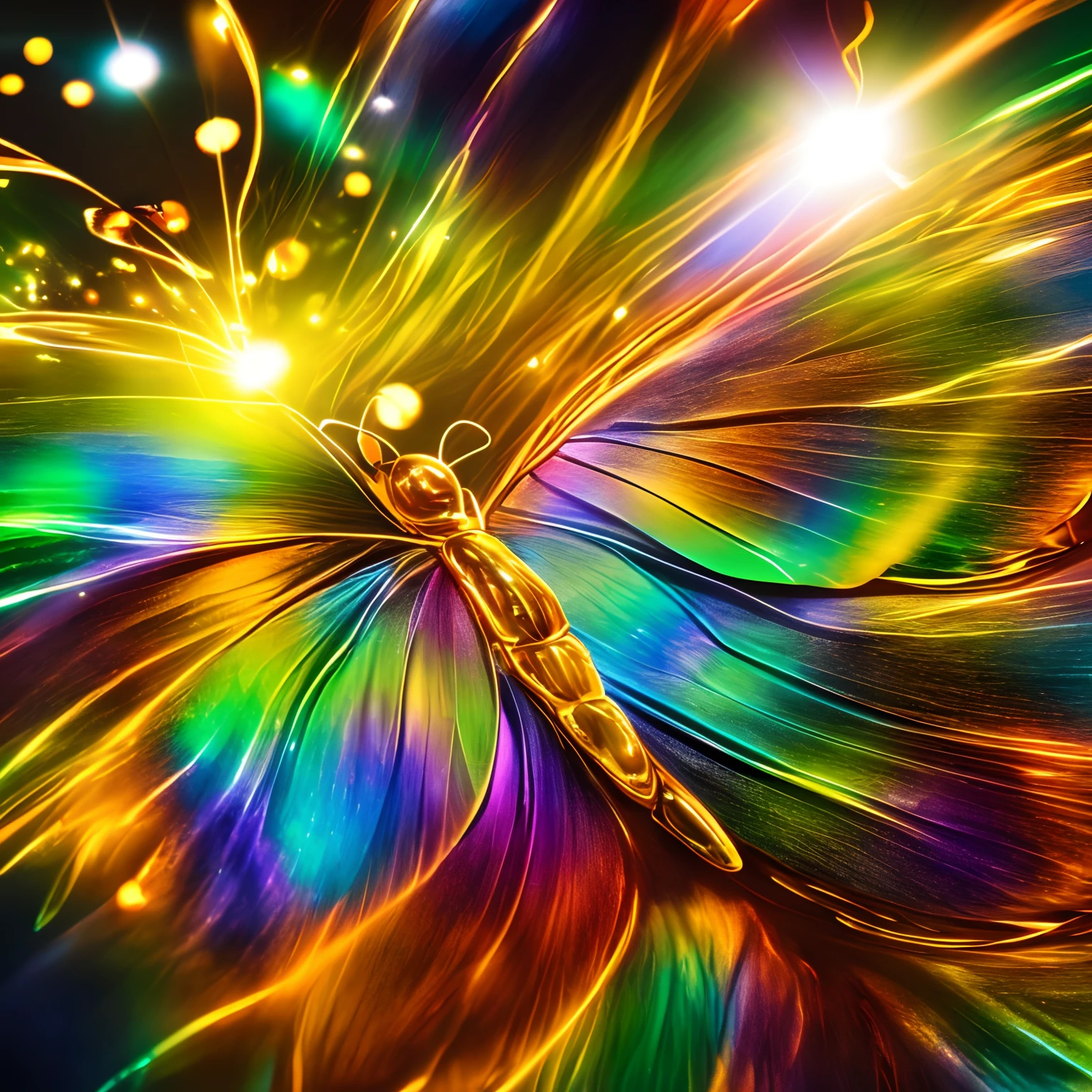 super high quality, (8k, RAW photo, realistic), detailed and delicate depiction and flashy and dynamic painting method, the most beautiful iridescent butterfly in the world, unimaginable, (lens flare:1.3), dancing gold dust, blurry background black, fantasy