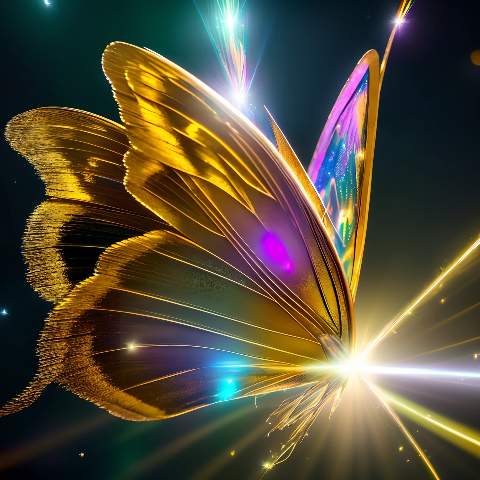 super high quality, (8k, RAW photo, realistic), detailed and delicate depiction and flashy and dynamic painting method, the most beautiful iridescent butterfly in the world, unimaginable, (lens flare:1.3), dancing gold dust, blurry background black, fantasy