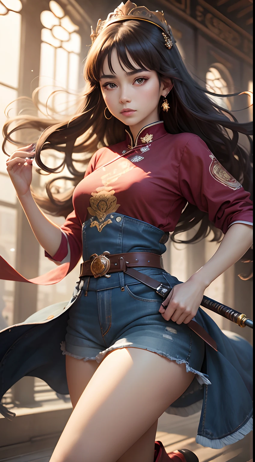 Best Quality, masutepiece, ultra-detailhigh-resolution, (Realistic: 1.4), Watercolor style, Illustration, Dazzling background color,, Skinny Girl with Weapons, (solo exhibition: 1.2), (denim lens: 1.2), (Hair crown: 1.2), (dark brown hair,Traditional Chinese Dunhuang costumes, No strap, (Red Eyeliner: 1.2), (: 1.4), (Accurate Hand Modeling),earrings, Dynamic Angle, Opera House, Messy_long_hair, inky, movie lights, lens_f lare, velvet, chrysanthemums, tassels, bow ribbon, Color embroidery,long boots,Photograph the whole body,Dance of the Sword,Holding a sword in his right hand,Pulled camera work,