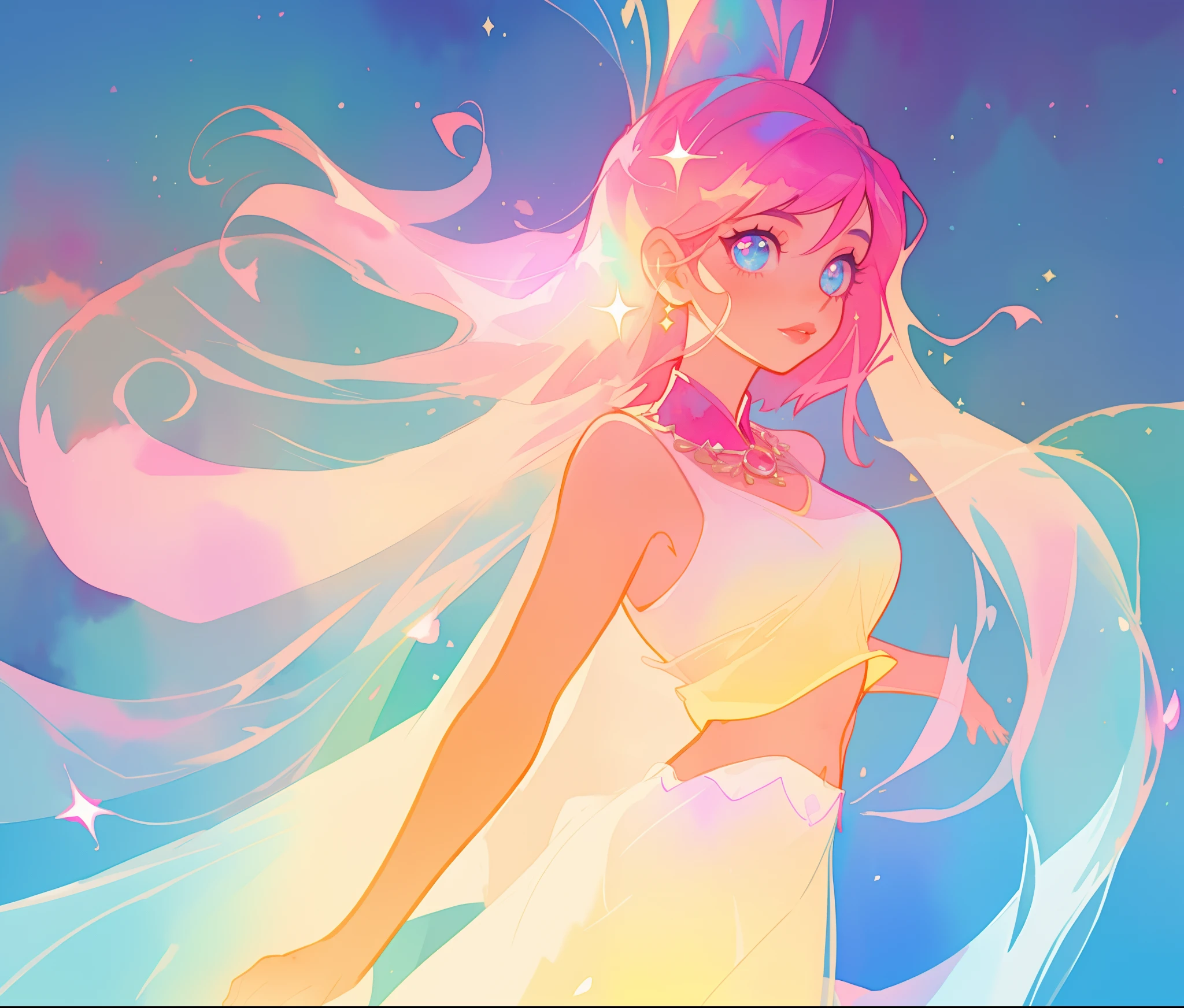 beautiful girl in white two piece dress, arabian dancer dress, long colorful sparkling pink hair, watercolor illustration, Lois van Baarle, glowing aura around her, Glen Keane, jen bartel, glowing hair, beautiful digital illustration, fantasia background, beautiful, masterpiece, best quality, anime disney style, (detailed eyes)