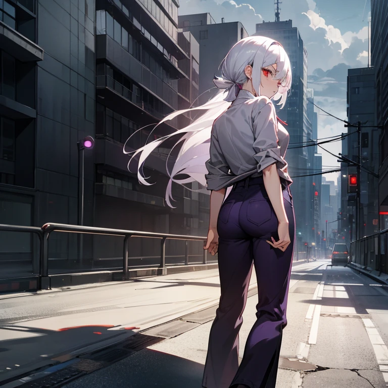 white hair and red eyes anime girl wearing a grey shirt and dark purple pants looking back to the camera with a heavy shadow cast over her face on a very cloudy night in a worn down city