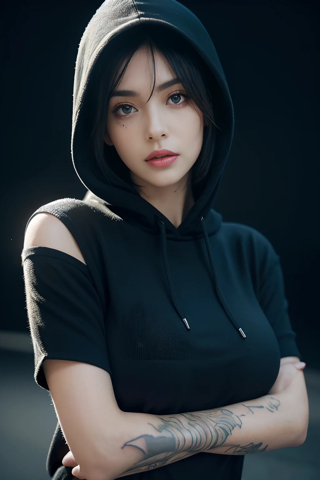 ultra high res, masterpiece,  best quality, perfect glossy shiny skins, perfect lighting, detailed lighting, dramatic shadows, ray tracing, 1girl, black sweater, looking at viewer, off shoulder, Big breasts, Exposed cleavage, blue Eyes, sharp face, sharp eyes, long bangs, short cut hair, nsfw, , ((Dark background)), oversized hoodie, Wearing a black hoodie, Wearing an ugly black hood, wet (sweaty, soaking wet),(( tattoos on the arms)) ,