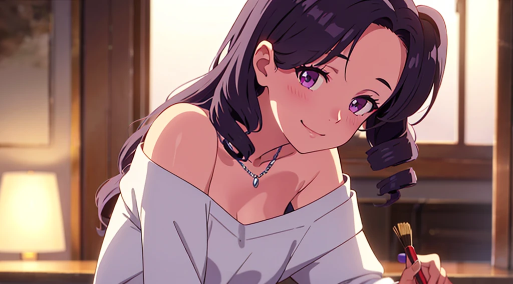 Masterpiece, One young lady (solo), with long wavy curly brown hair, parted hair and forehead showing. Have twin drills hair on the side face. Have purple eyes. With purple eyeshadow. Smiling and blushing. She wear off shoulder white blouse. wearing silver crescent necklace. Close up.