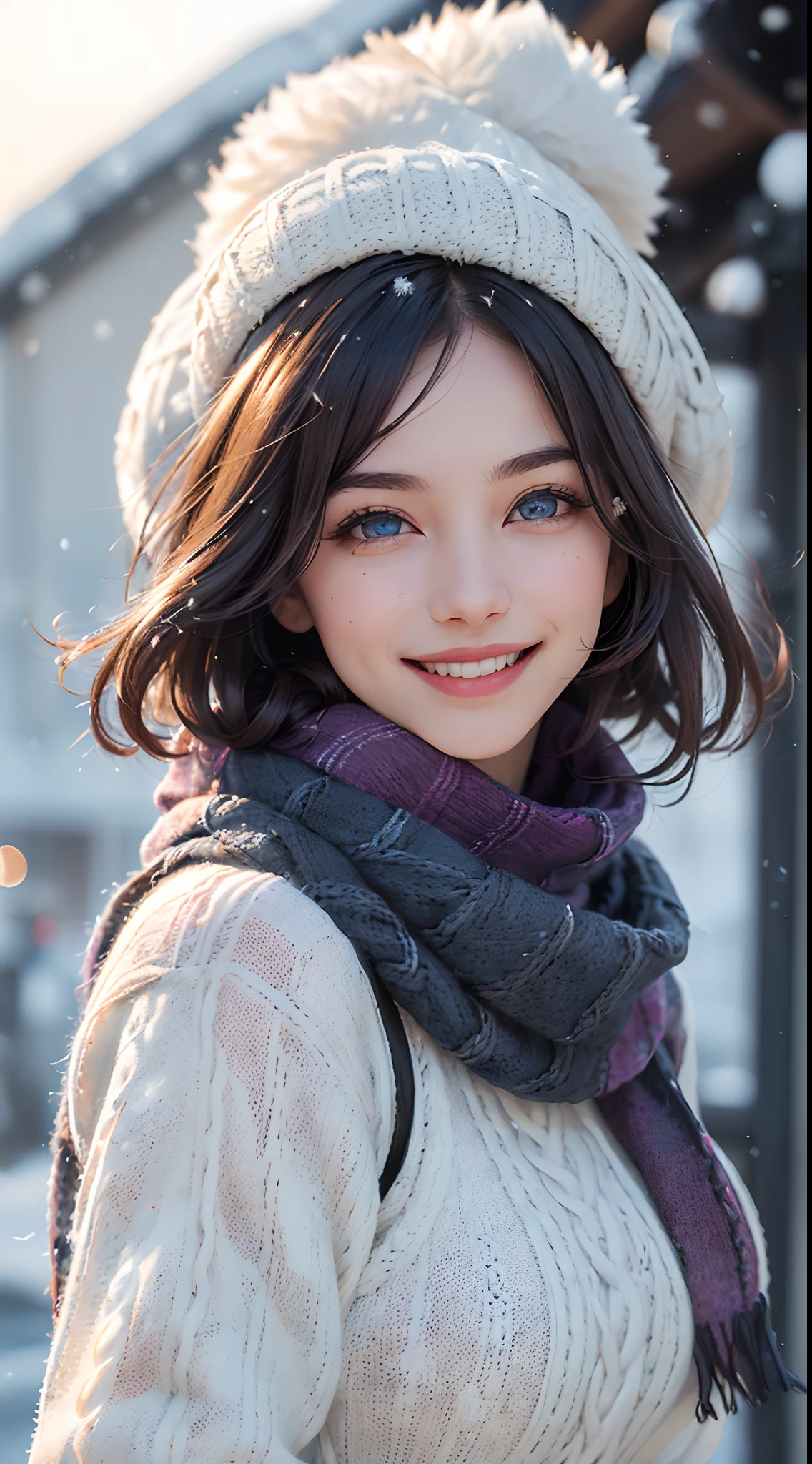 (best quality, 4k, 8k, high-res, masterpiece:1.2), ultra-detailed, (realistic, photorealistic, photo-realistic:1.37), (beautiful detailed eyes, beautiful detailed lips, extremely detailed eyes and face:1.5), studio lighting, physically-based rendering, vivid colors, (big tits, super big tits, super extra big tits), (down jackets, sweaters, hats, gloves, scarves:1.5), (smile and laugh:1.5), (hair blowing in the wind, shiny hair, shiny skin), (snowy, blurred background:1.37), (tilt your head to the side:1.5),