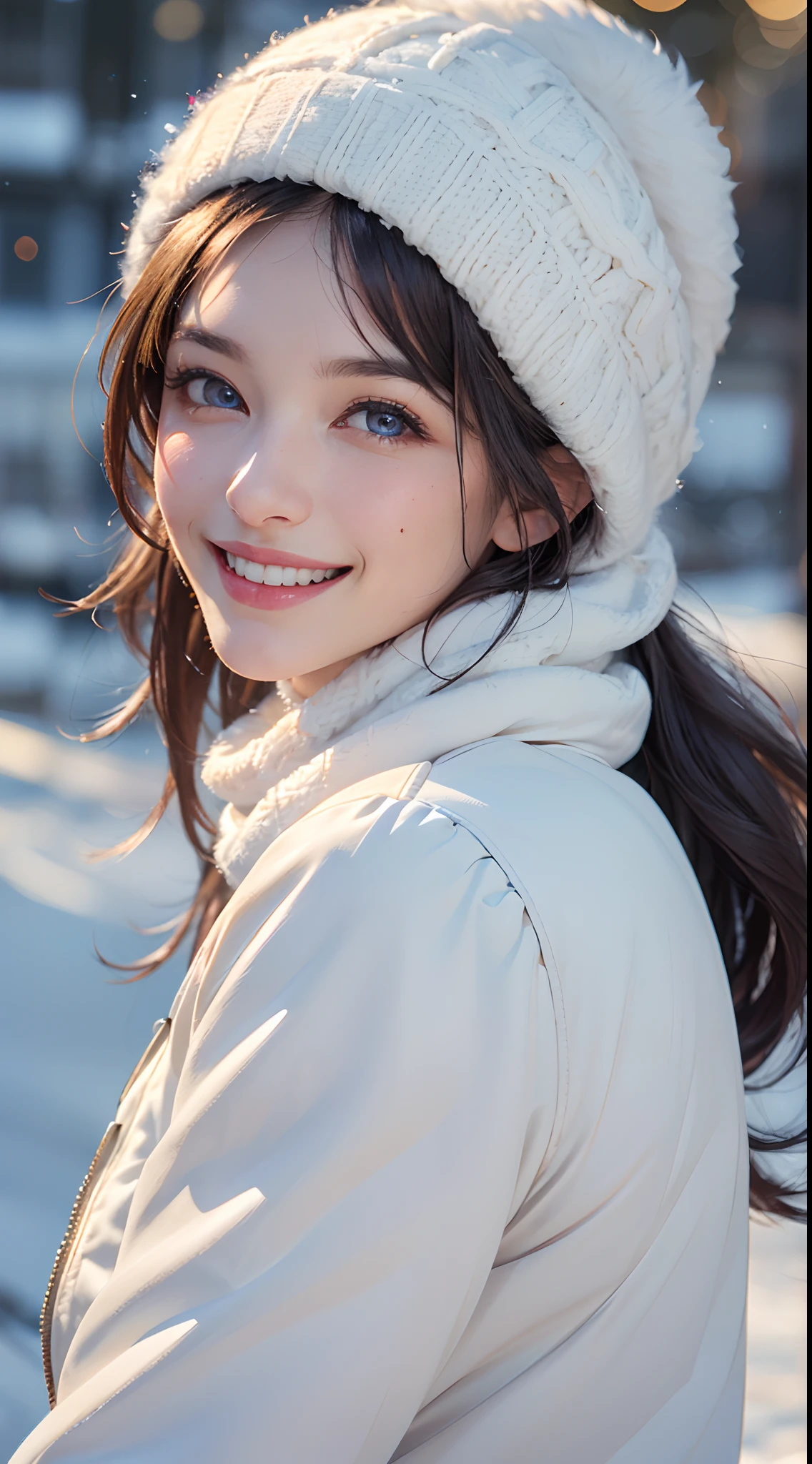 (best quality, 4k, 8k, high-res, masterpiece:1.2), ultra-detailed, (realistic, photorealistic, photo-realistic:1.37), (beautiful detailed eyes, beautiful detailed lips, extremely detailed eyes and face:1.5), studio lighting, physically-based rendering, vivid colors, (big tits, super big tits, super extra big tits), (down jackets, hats, gloves, neck warmer:1.5), (smile and laugh:1.5), (hair blowing in the wind, shiny hair, shiny skin), (snowy, blurred background:1.37), (tilt your head to the side:1.5),