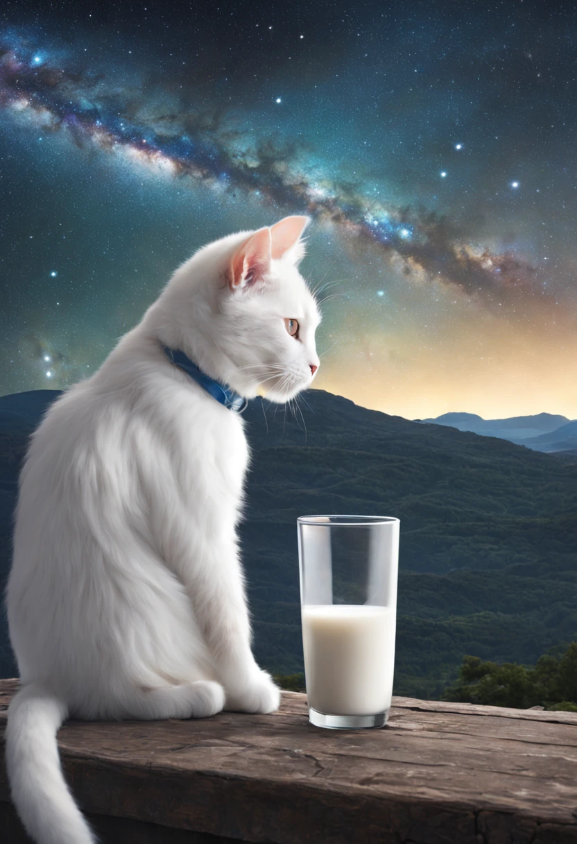 white cat with a view of the milky way, drinking milk