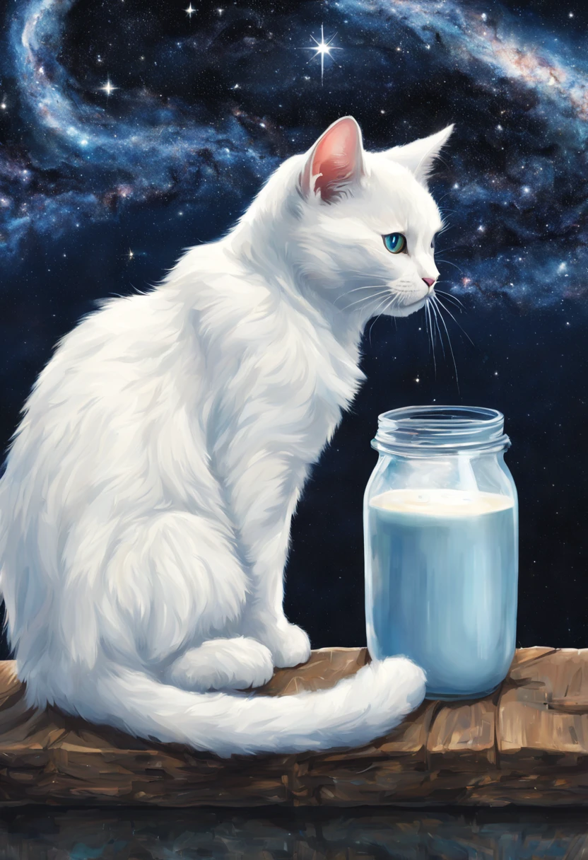 white cat with a view of the milky way, drinking milk