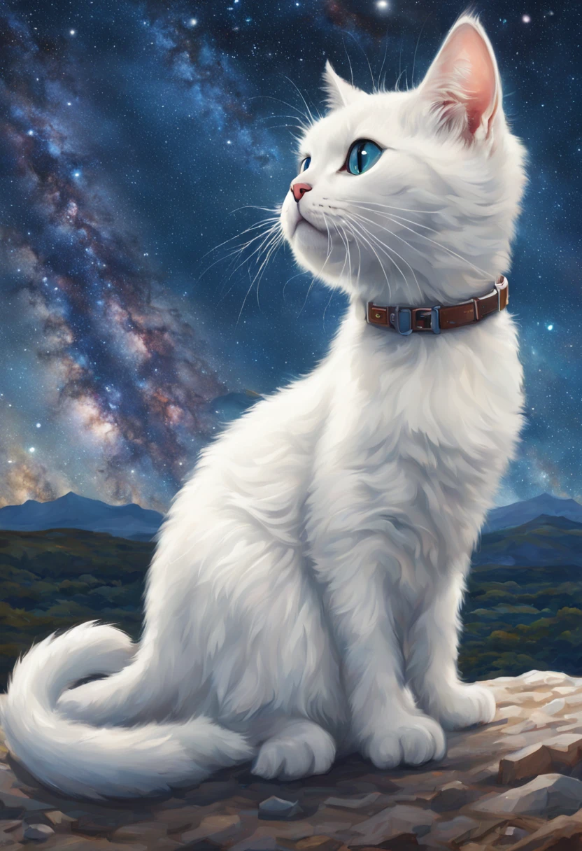 white cat with a view of the milky way, drinking milk