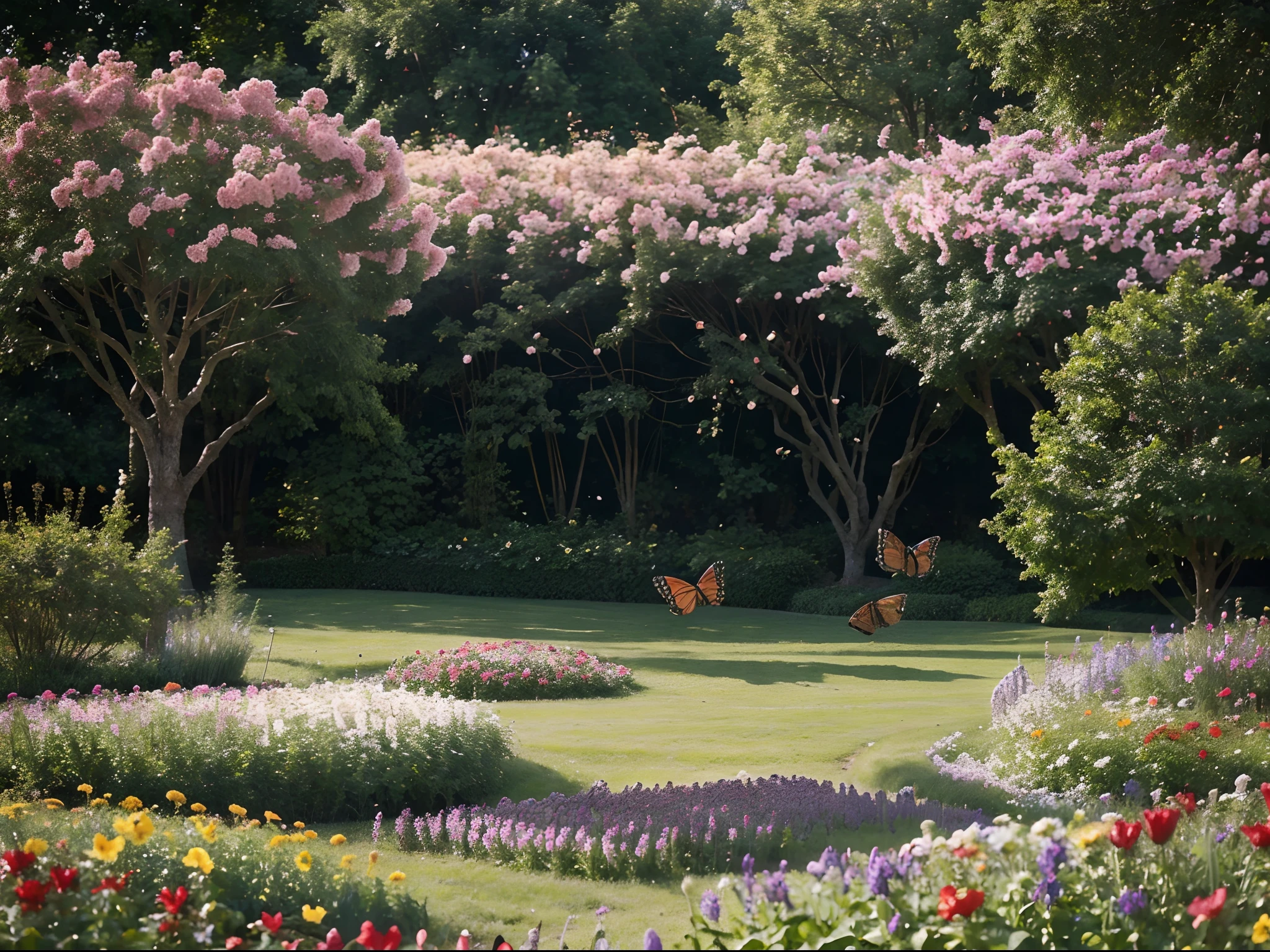 (masterpiece, best quality), best resolution, butterflies in flight, flower garden, clear day
