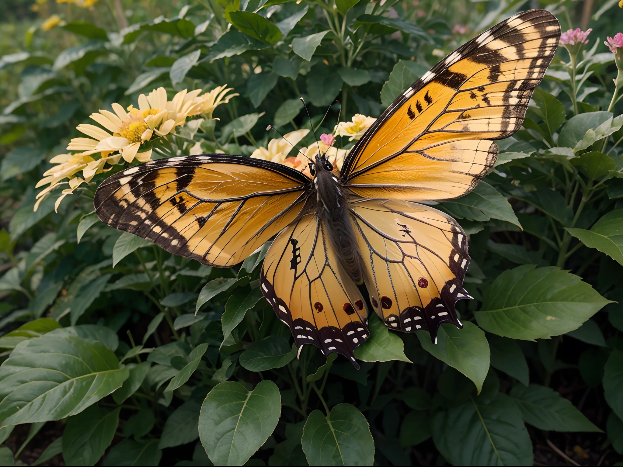 (masterpiece, best quality), best resolution, butterfly on a flower, flower garden, clear day